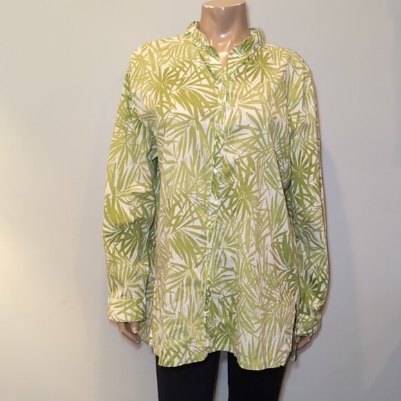 Additions By Chicos Button Down Shirt Mock Neck Side Slit Palm Leaf Print Top - Picture 10 of 12